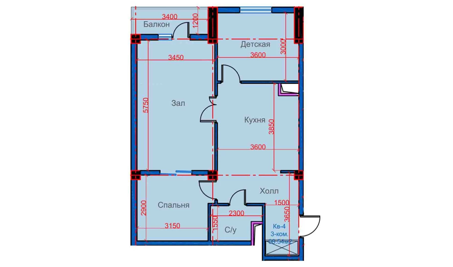 3-комнатная квартира 68.54 м²  7/7 этаж