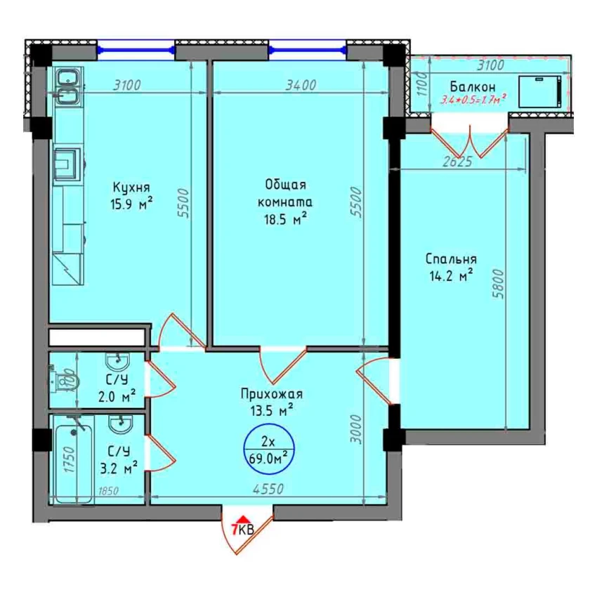 2-комнатная квартира 69 м²  2/2 этаж