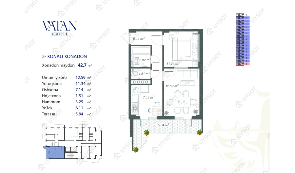 2-xonali xonadon 42.7 m²  15/15 qavat