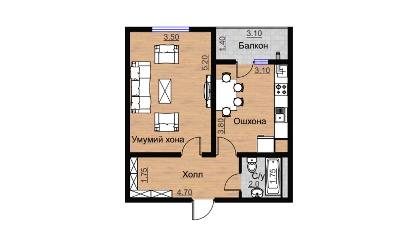 1-комнатная квартира 51.17 м²  13/13 этаж