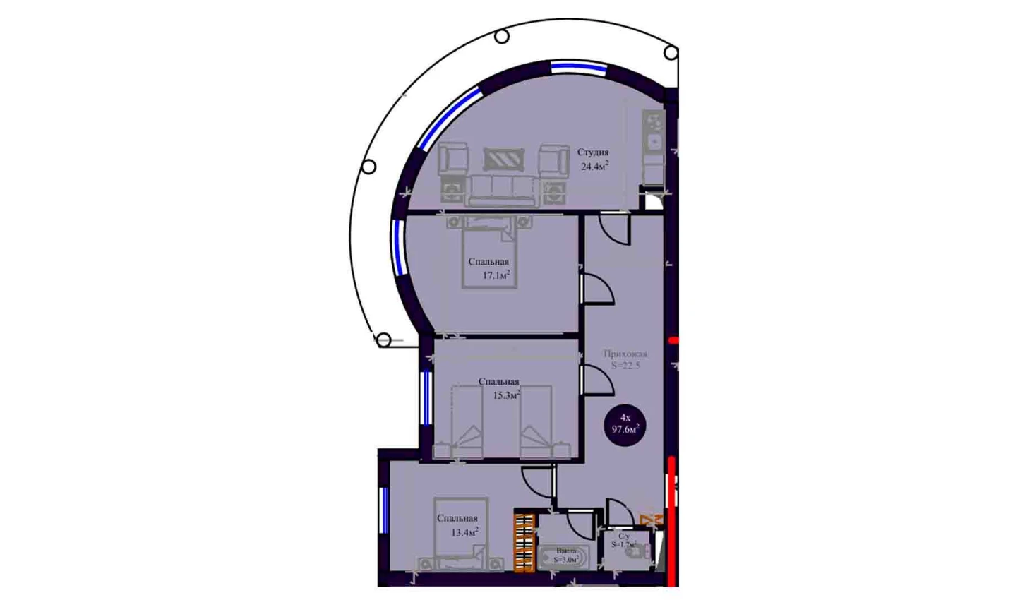 4-комнатная квартира 97.6 м²  3/3 этаж