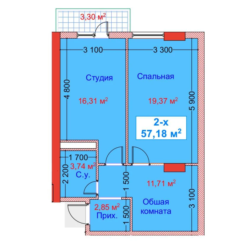 2-комнатная квартира 57.18 м²  8/8 этаж