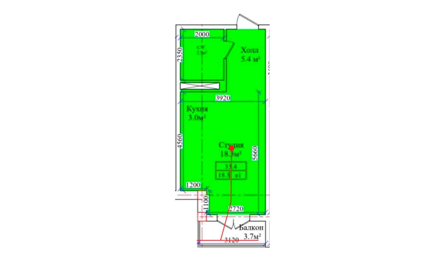 1-комнатная квартира 33.4 м²  2/2 этаж