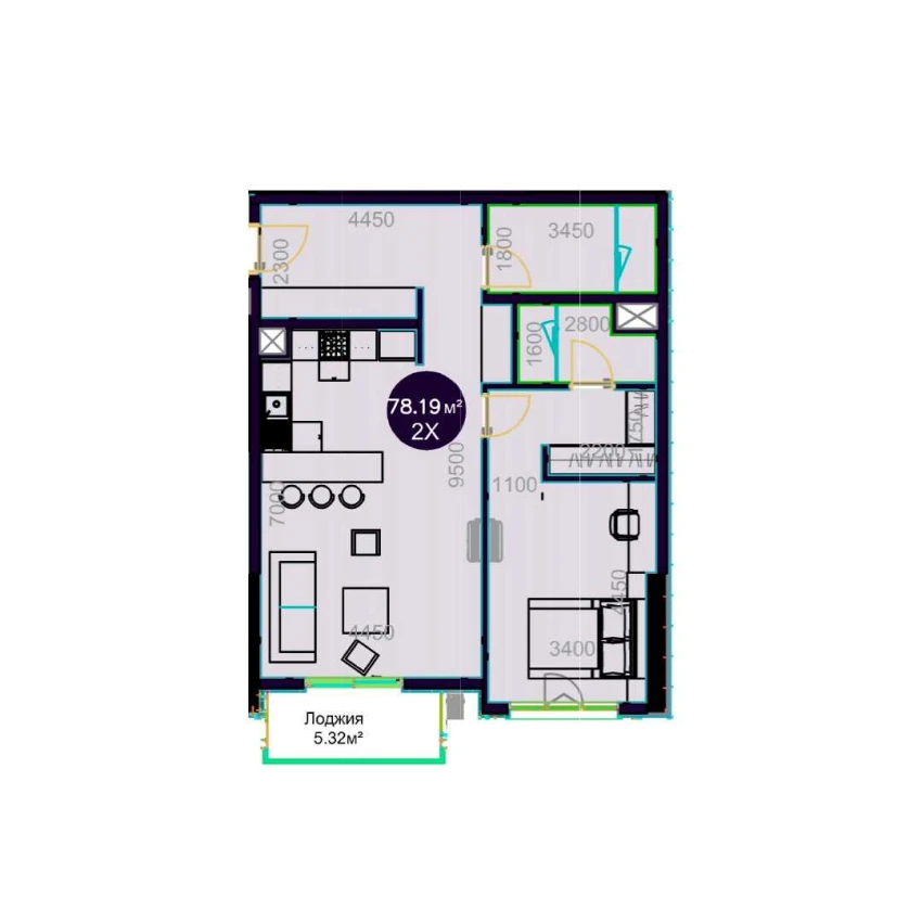 2-комнатная квартира 78.19 м²  5/5 этаж