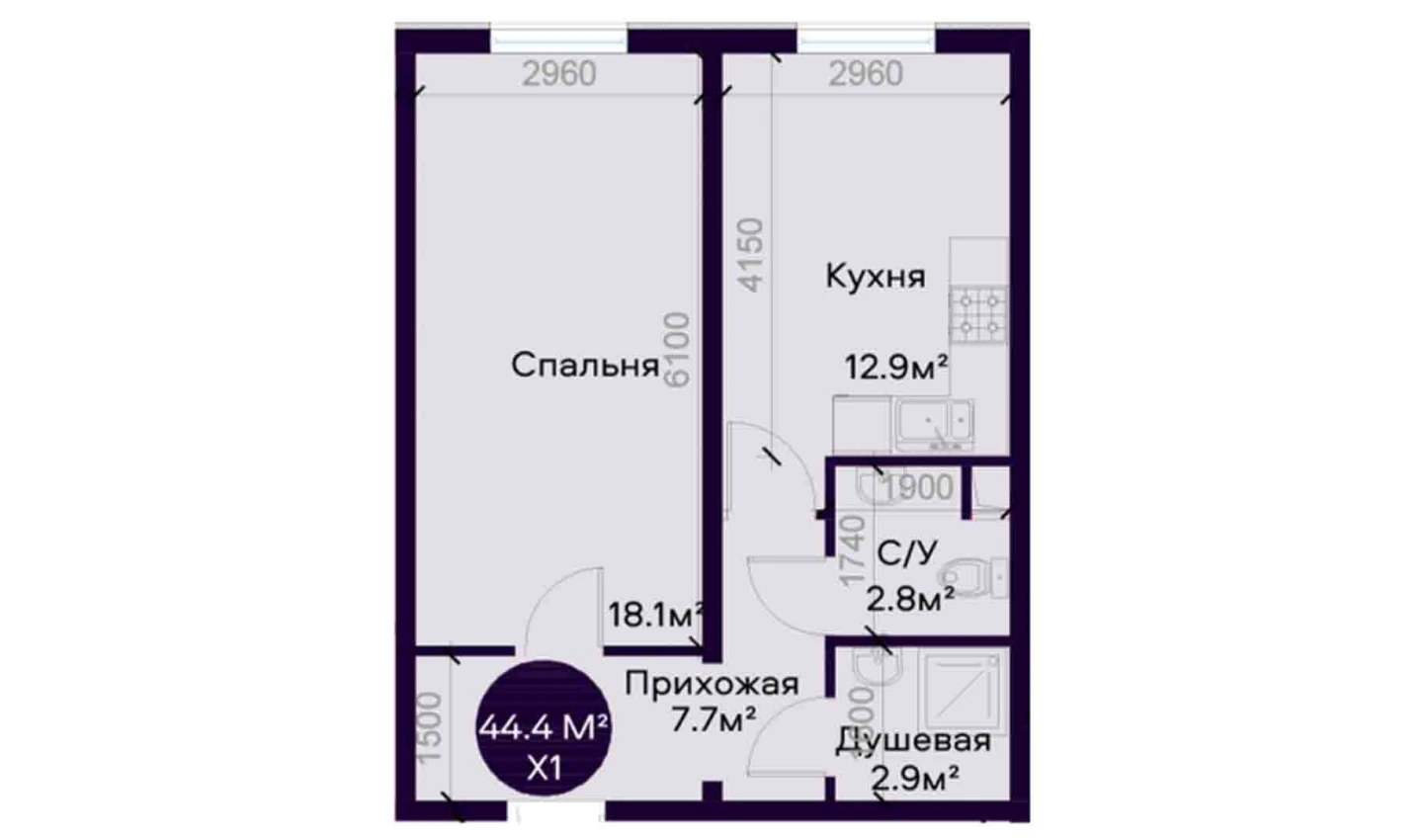 1-комнатная квартира 44.4 м²  1/1 этаж