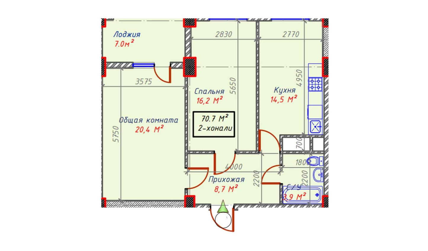 2-xonali xonadon 70.7 m²  15/15 qavat