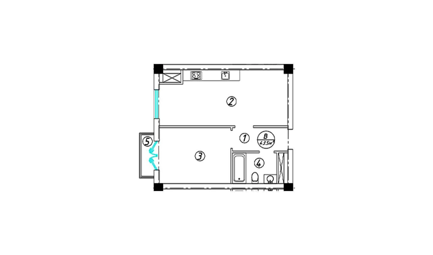 2-комнатная квартира 43.5 м²  7/7 этаж