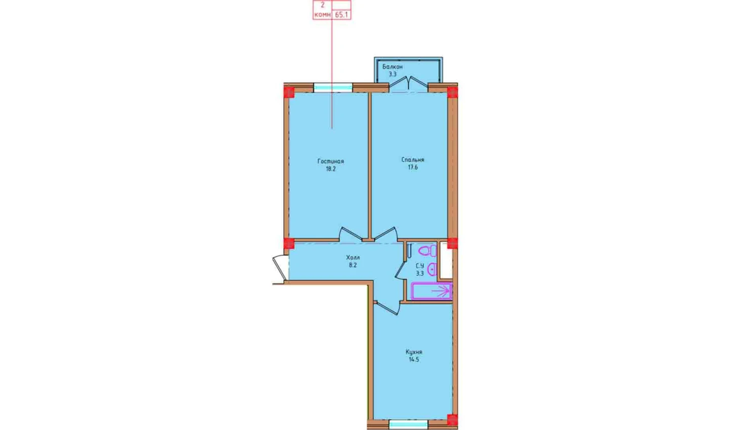 2-комнатная квартира 62.9 м²  4/4 этаж