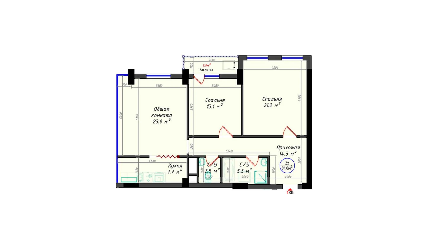 2-комнатная квартира 91 м²  3/3 этаж