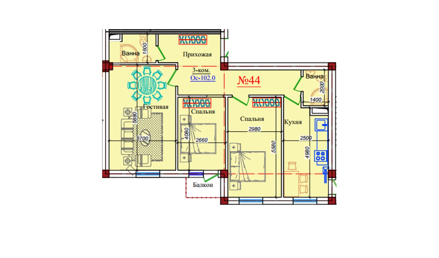 3-комнатная квартира 102 м²  7/7 этаж