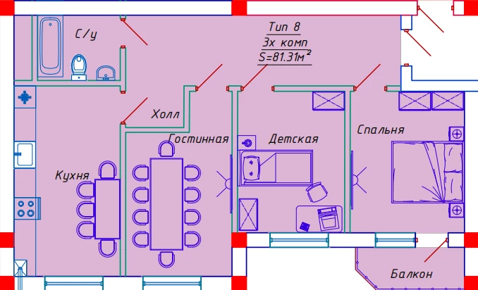 3-xonali xonadon 81.31 m²  8/8 qavat