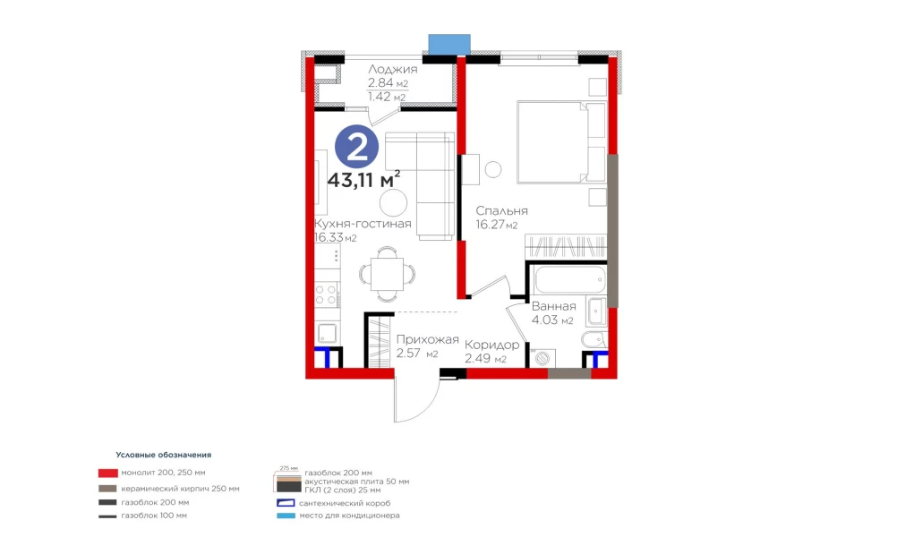 2-комнатная квартира 43.11 м²  6/6 этаж