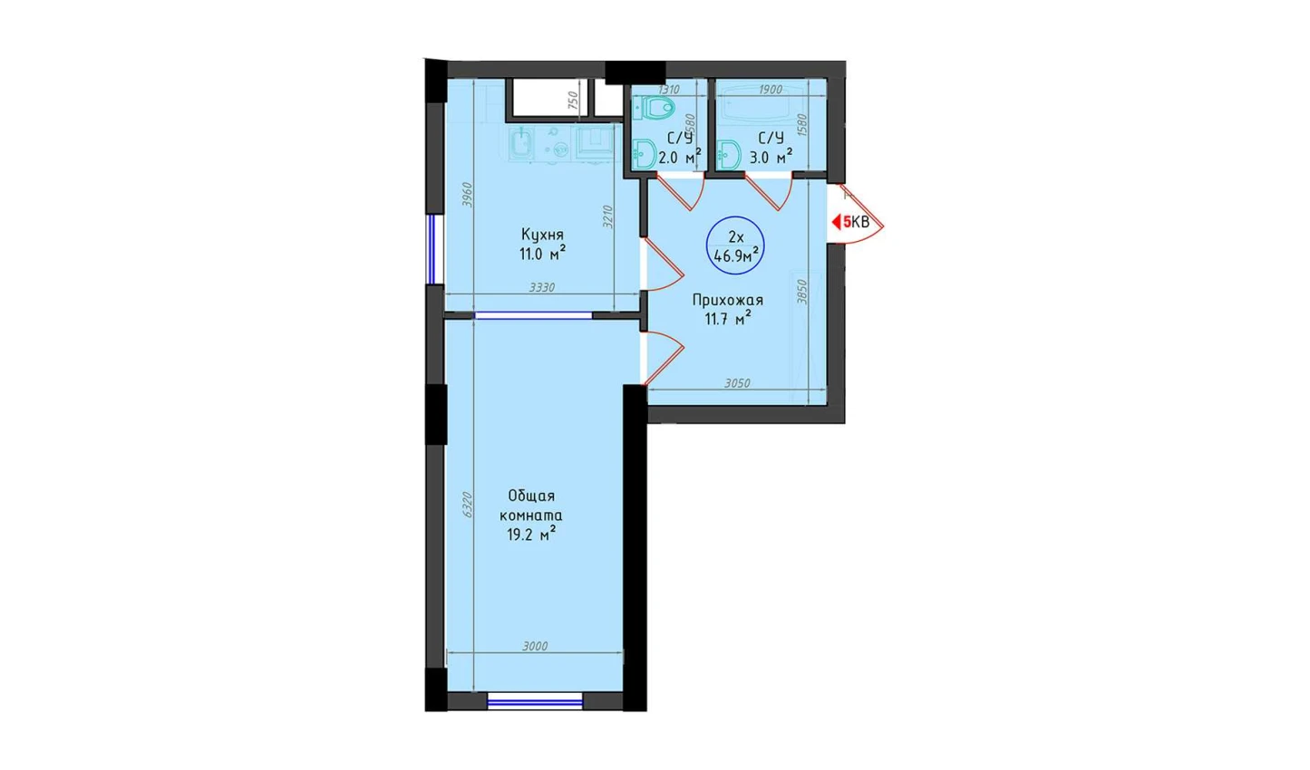 2-комнатная квартира 46.9 м²  2/2 этаж