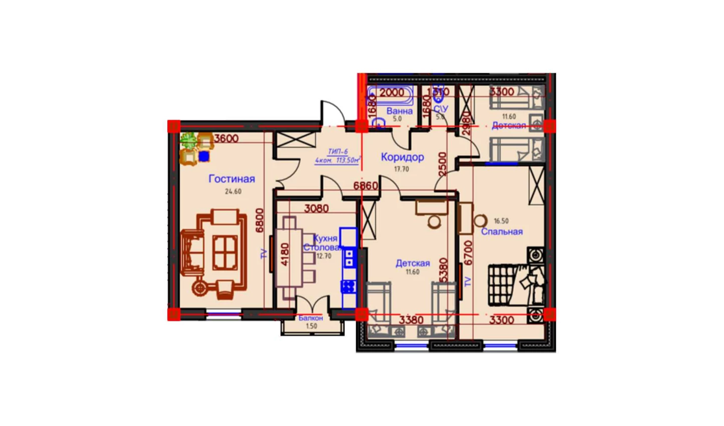 4-комнатная квартира 113.5 м²  7/7 этаж