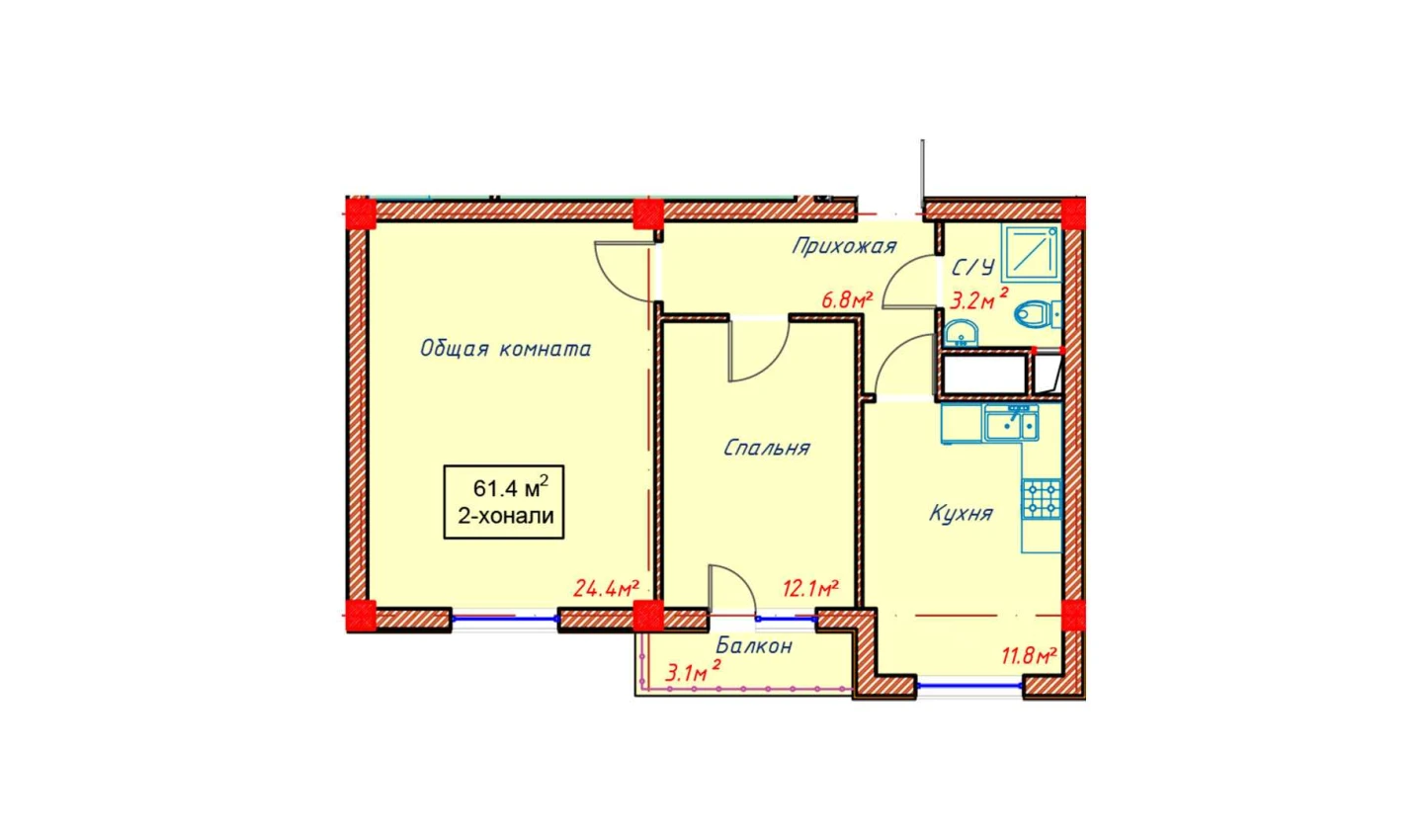 2-xonali xonadon 61.4 m²  2/2 qavat