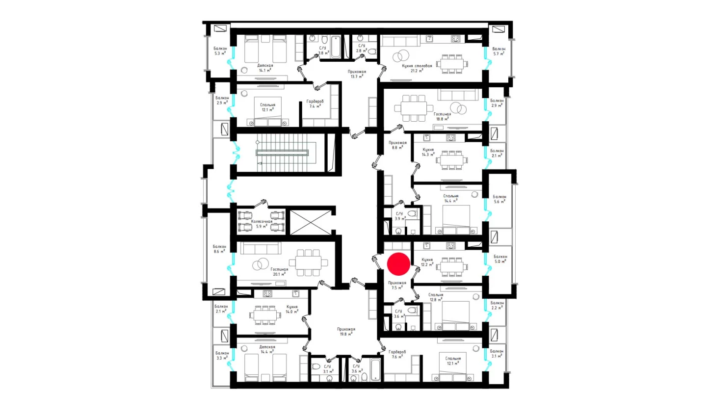 1-xonali xonadon 43.3 m²  8/8 qavat