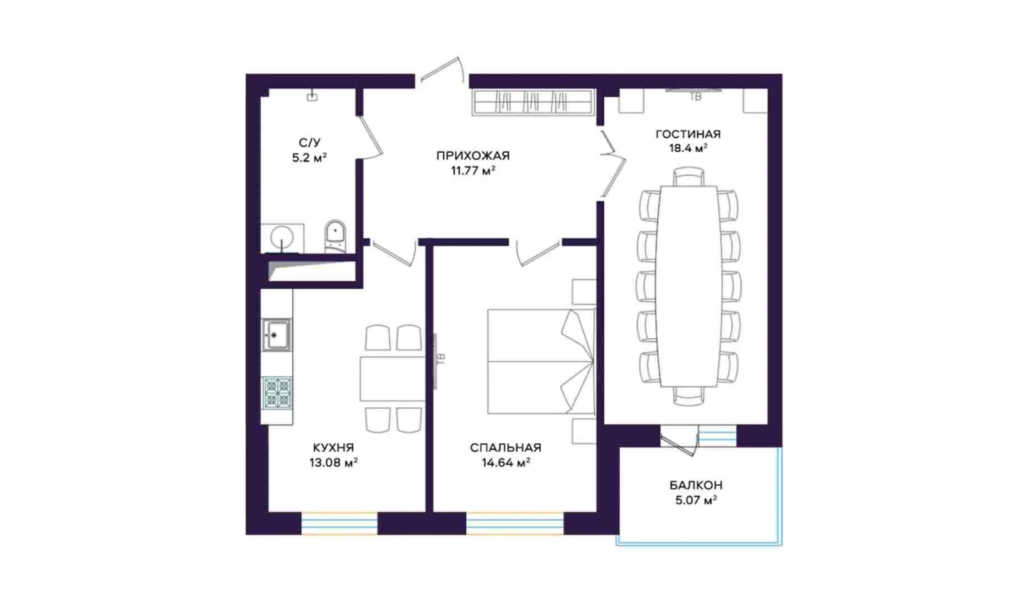 2-комнатная квартира 63 м²  2/2 этаж