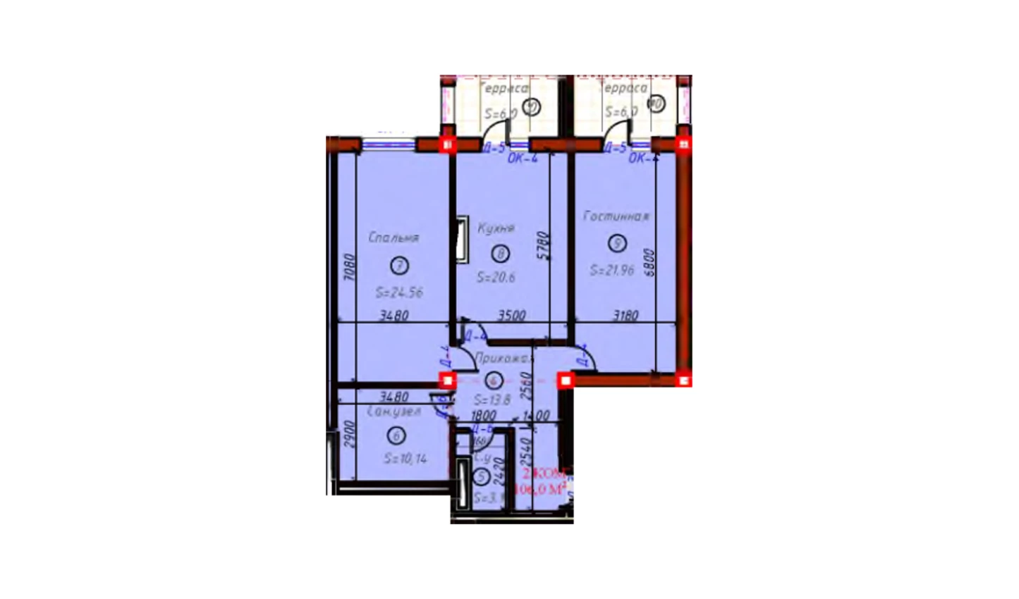 2-комнатная квартира 106 м²  3/3 этаж