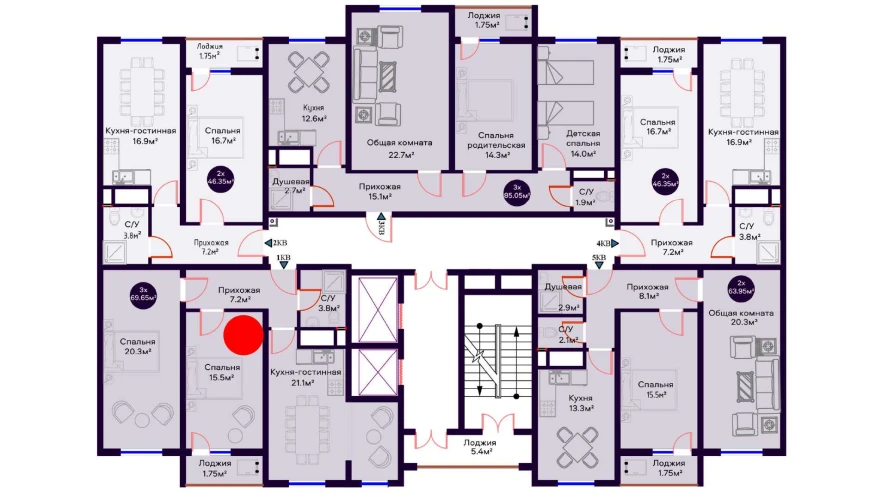 3-xonali xonadon 69.65 m²  14/14 qavat