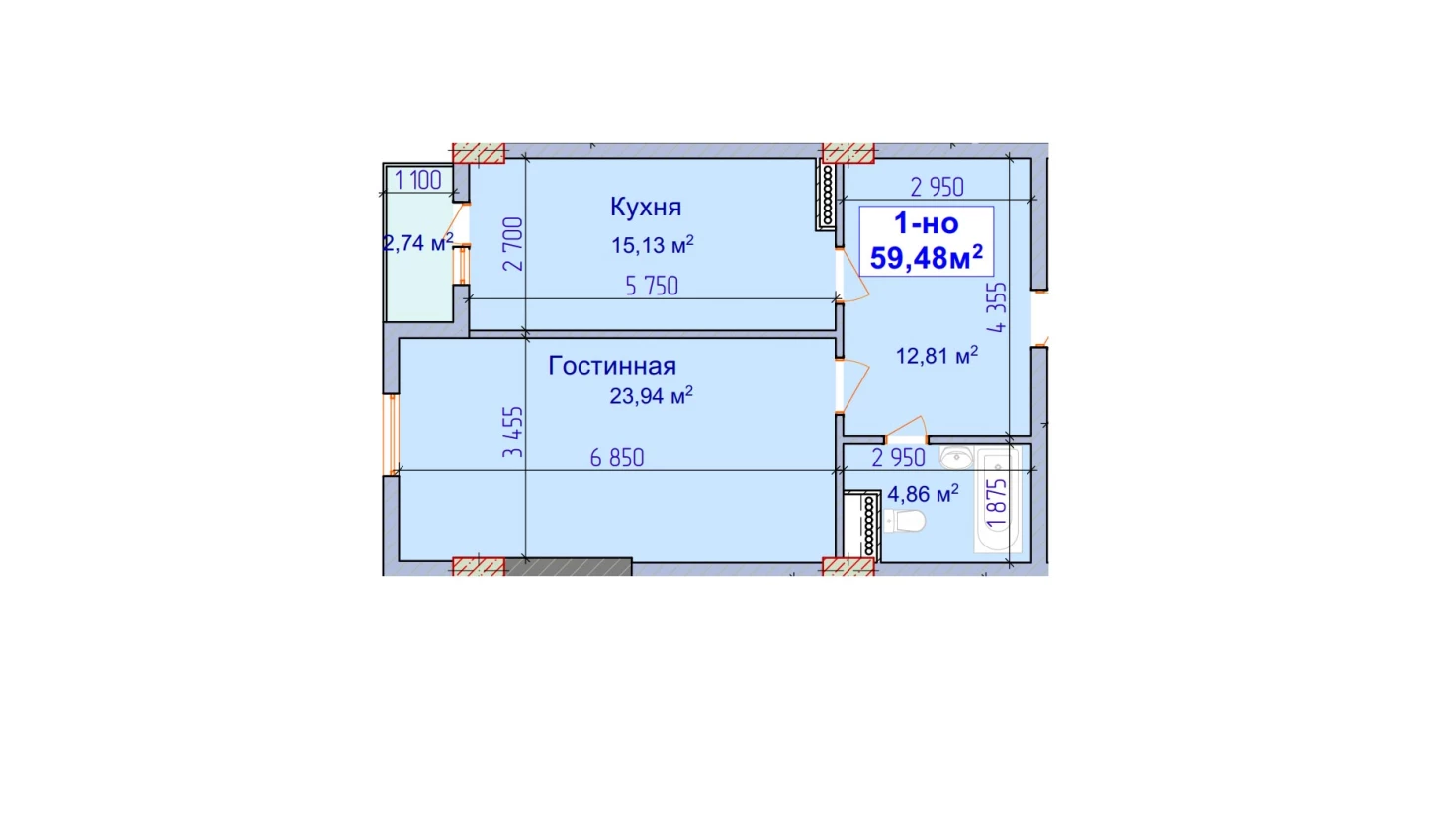 1-комнатная квартира 56.74 м²  7/7 этаж