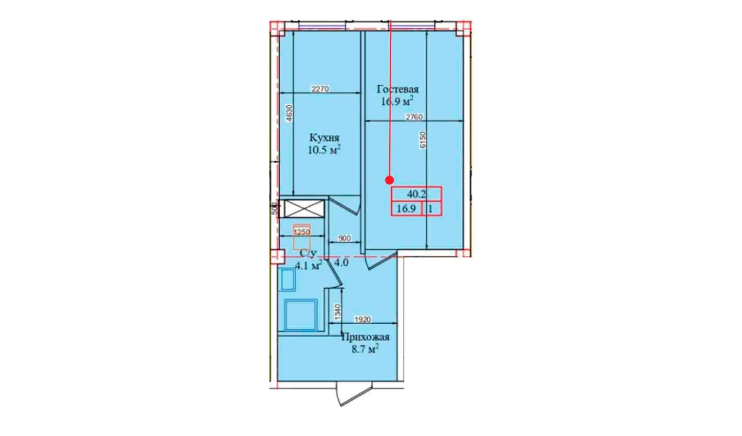 1-комнатная квартира 40.2 м²  1/1 этаж