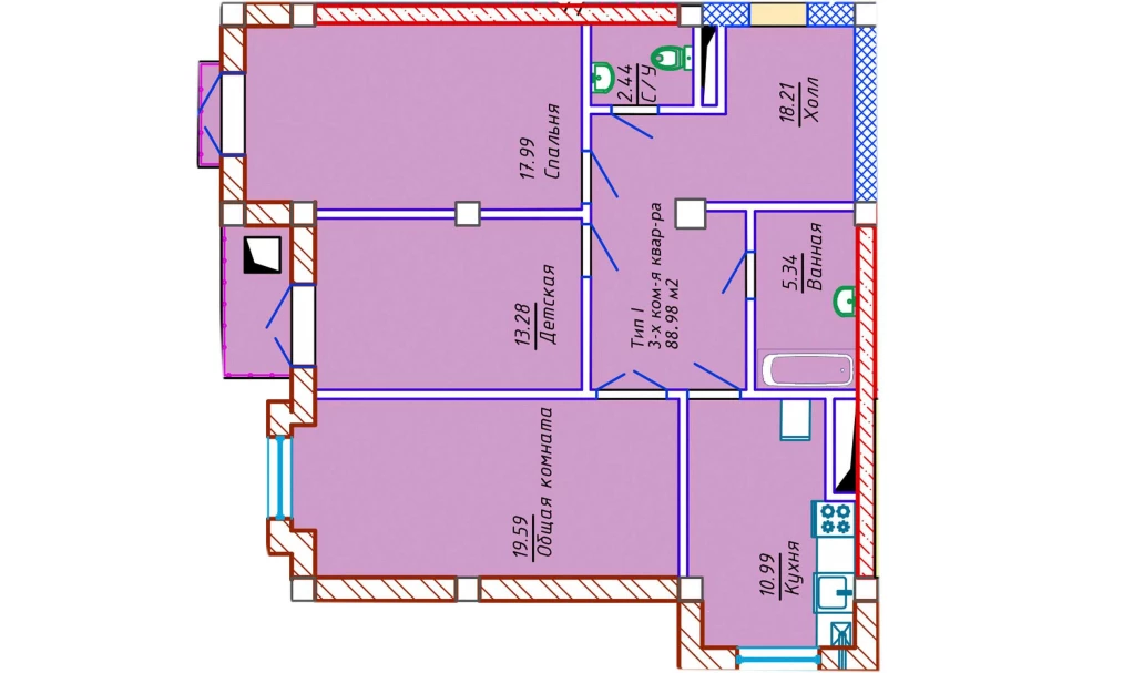 3-комн. квартира 88.98 м²  2/10 этаж | Жилой комплекс Samarqand Park Avenue