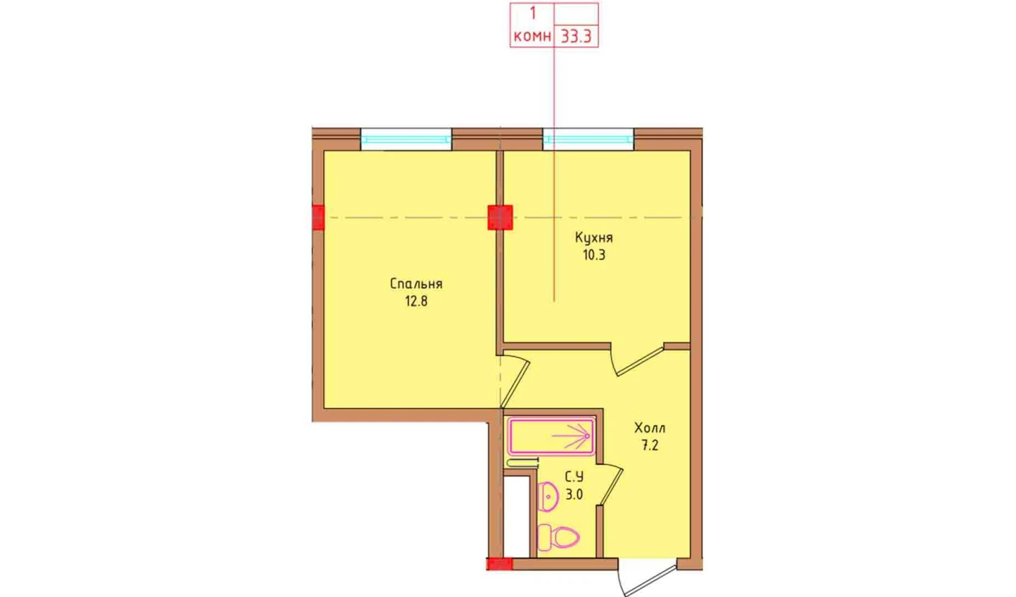 1-комнатная квартира 33.3 м²  8/8 этаж