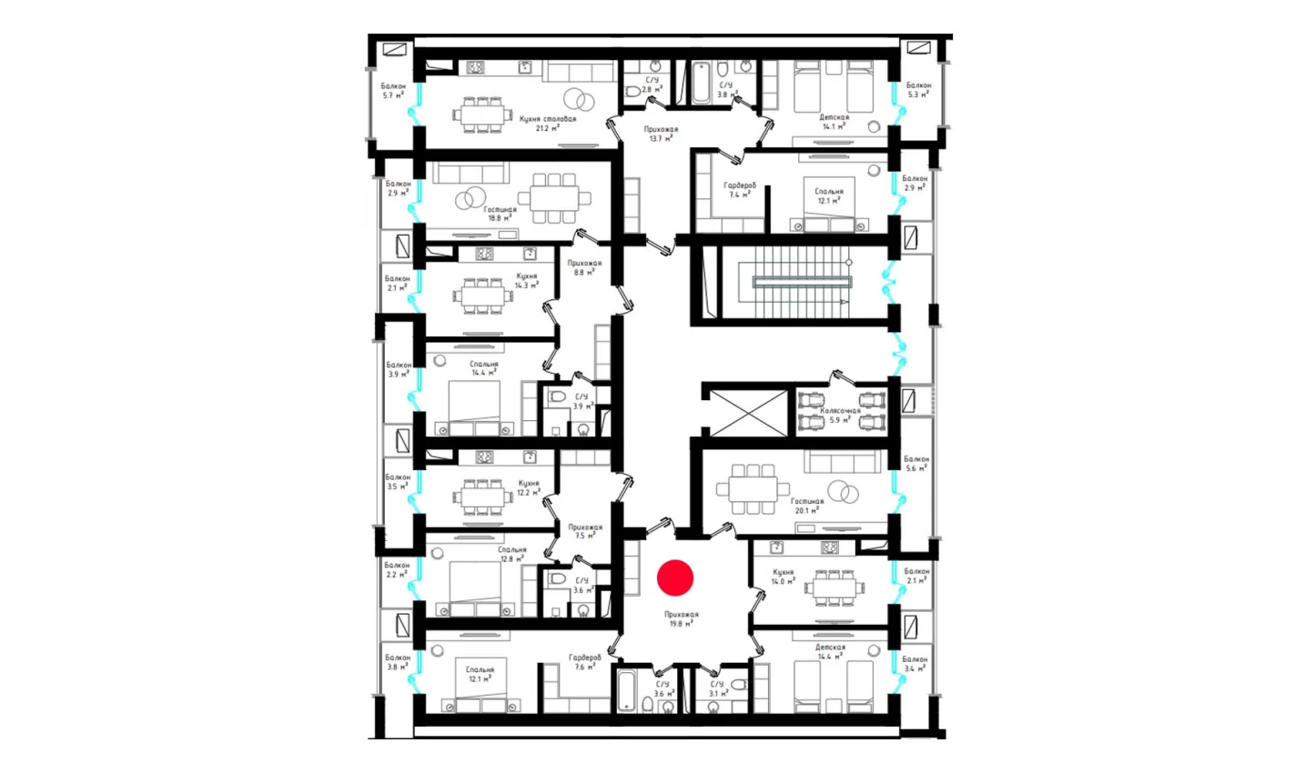 3-xonali xonadon 109.6 m²  7/7 qavat