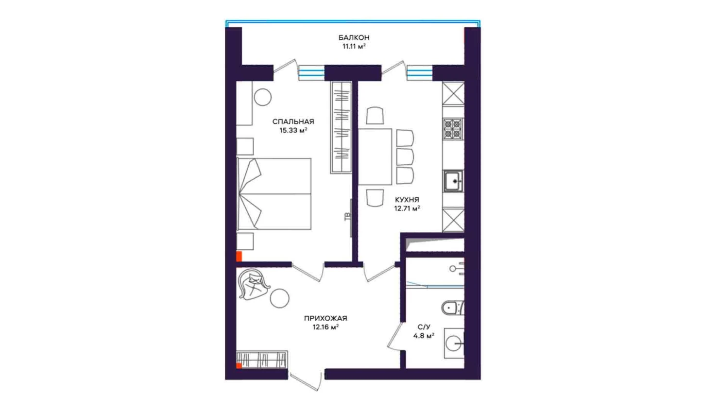 1-комнатная квартира 45 м²  2/2 этаж