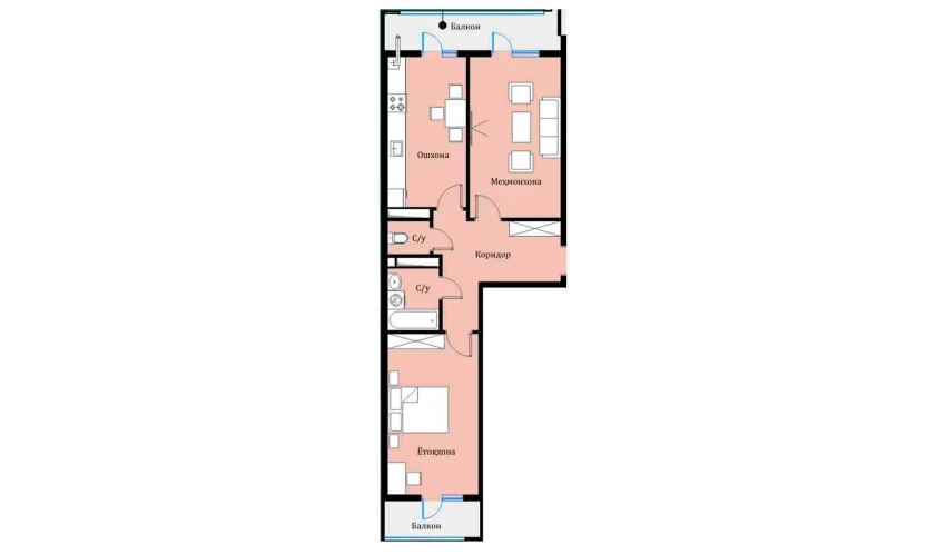 2-xonali xonadon 64.44 m²  12/16 qavat | SOKIN DIYOR Turar-joy majmuasi