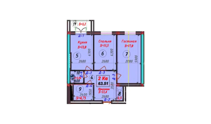 2-xonali xonadon 63.61 m²  6/6 qavat