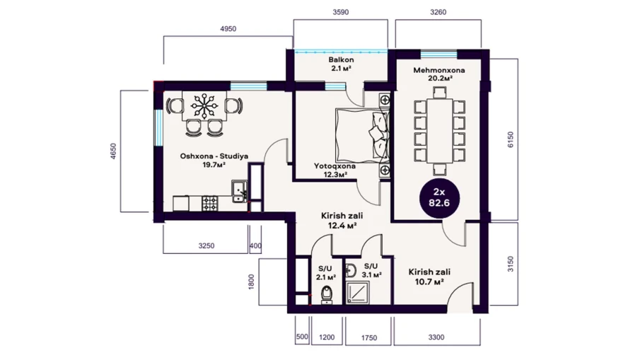 2-комнатная квартира 82.6 м²  3/3 этаж