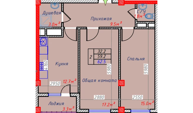 2-xonali xonadon 62.5 m²  6/6 qavat