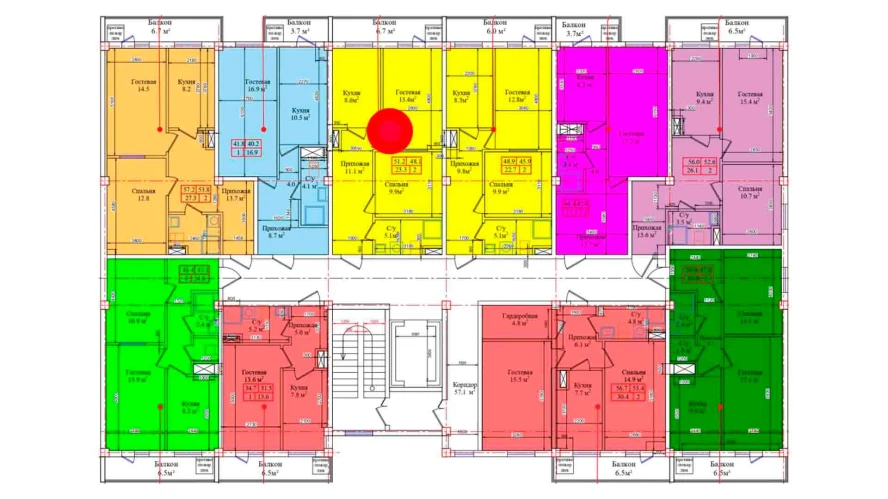 2-комнатная квартира 51.2 м²  7/7 этаж