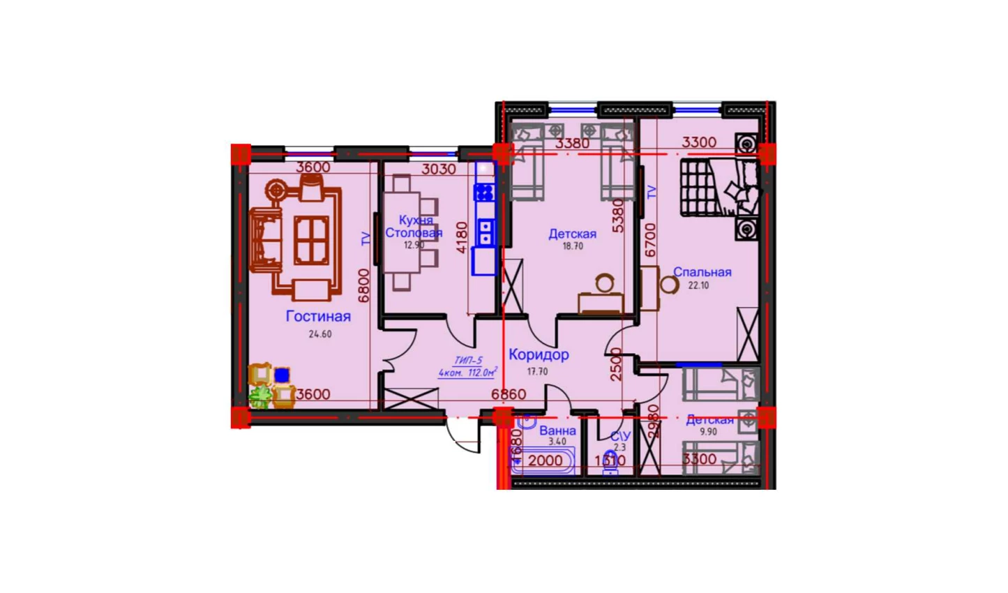 4-комнатная квартира 112 м²  1/1 этаж