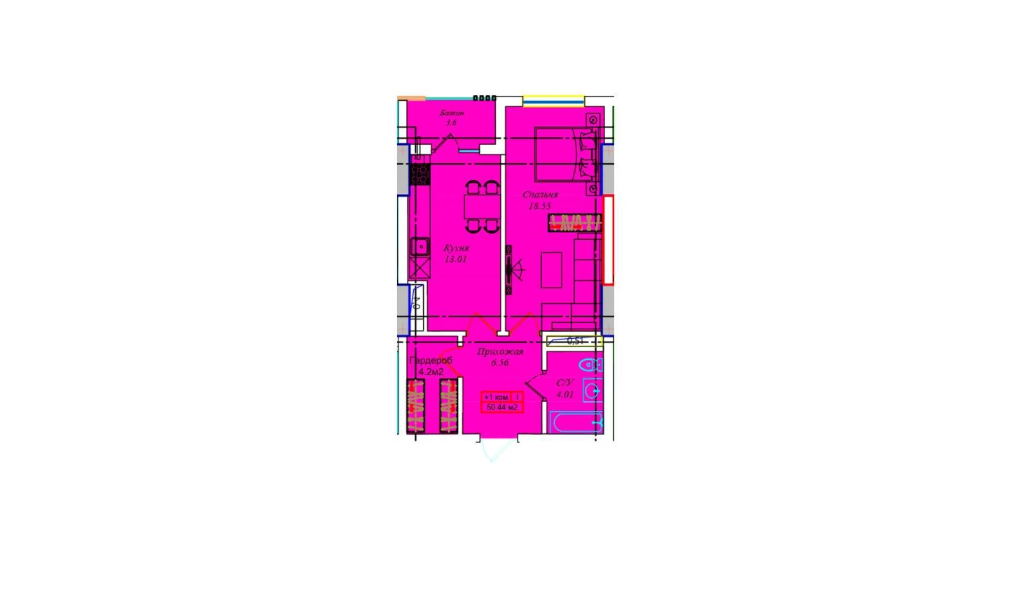 1-xonali xonadon 49.87 m²  16/16 qavat