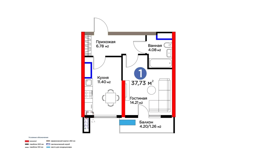 1-комнатная квартира 37.73 м²  3/3 этаж