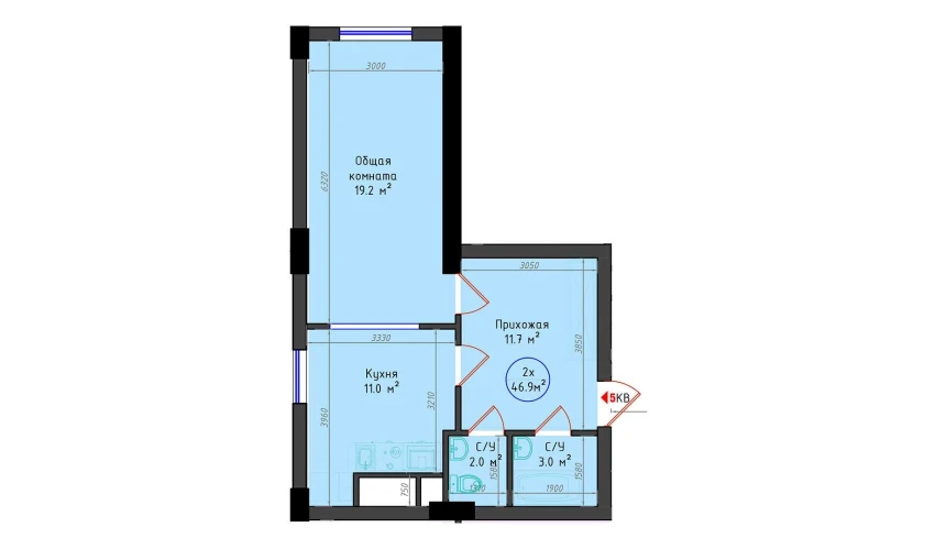 2-xonali xonadon 46.9 m²  17/17 qavat