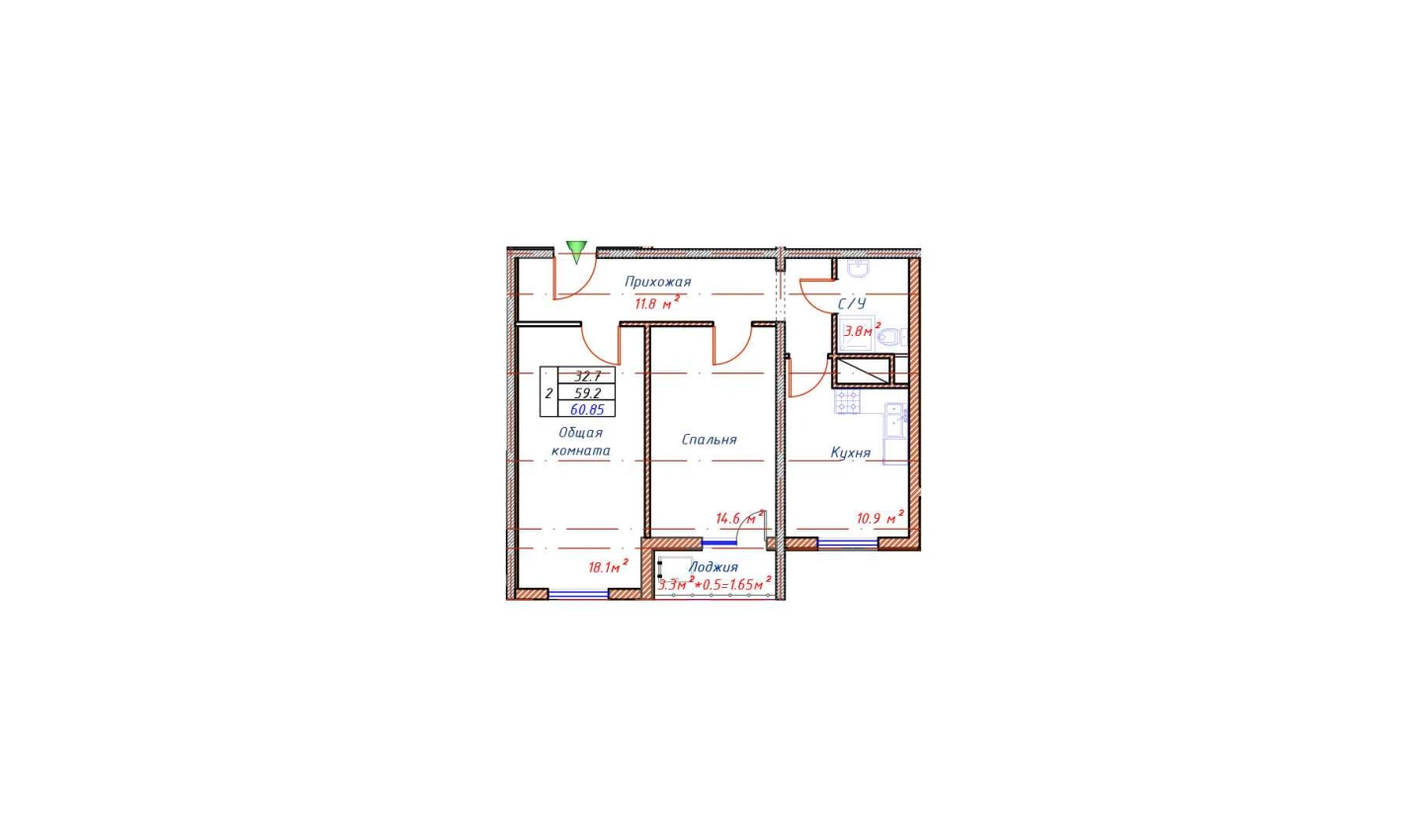 2-комнатная квартира 59.2 м²  16/16 этаж