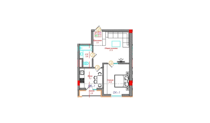 2-xonali xonadon 47.5 m²  11/12 qavat | CHINARA PARK Turar-joy majmuasi