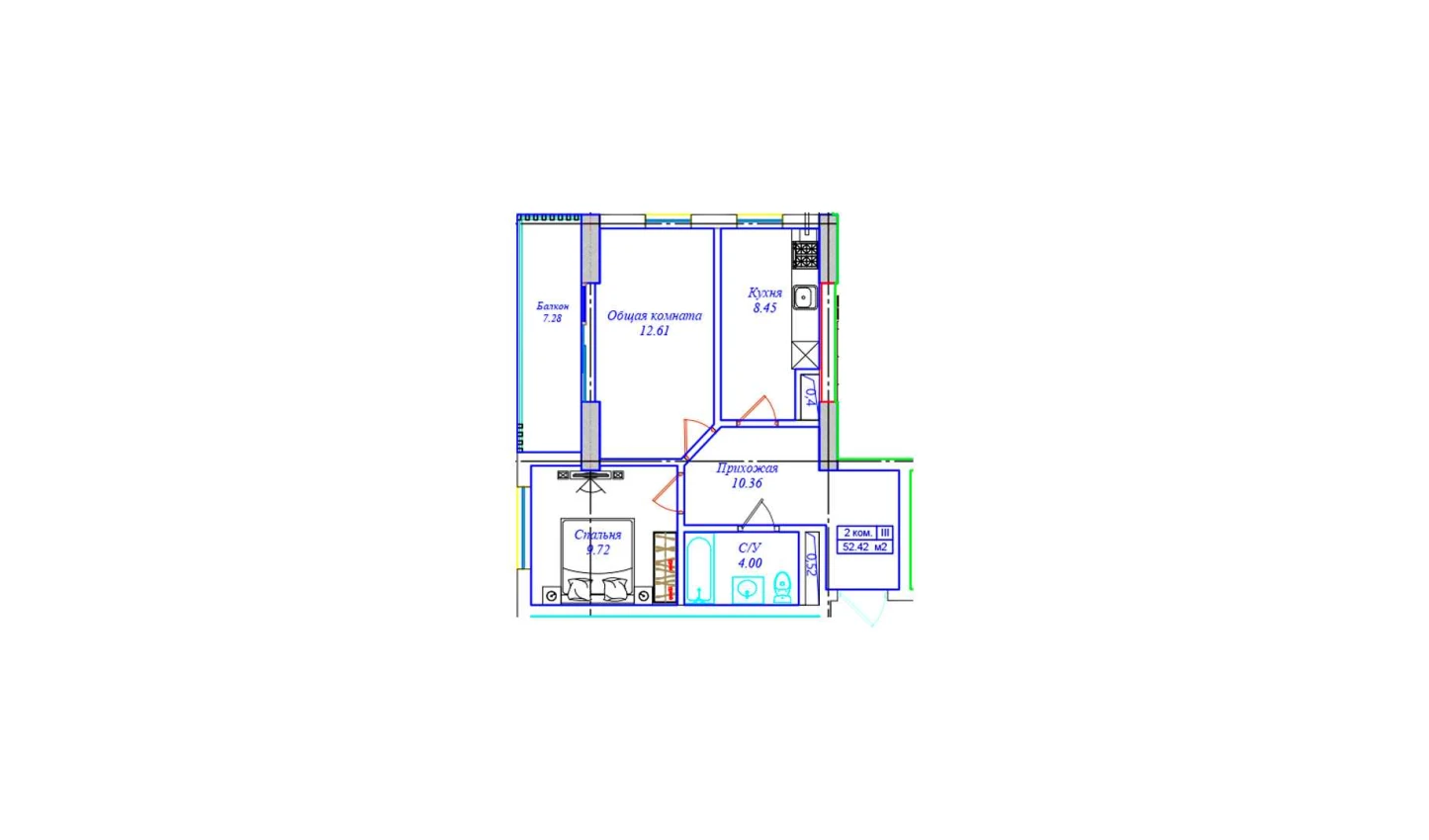 1-xonali xonadon 52.42 m²  16/16 qavat