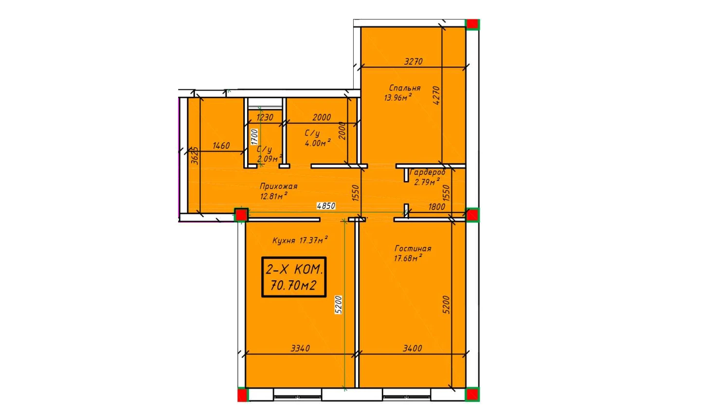 2-xonali xonadon 70.7 m²  3/3 qavat