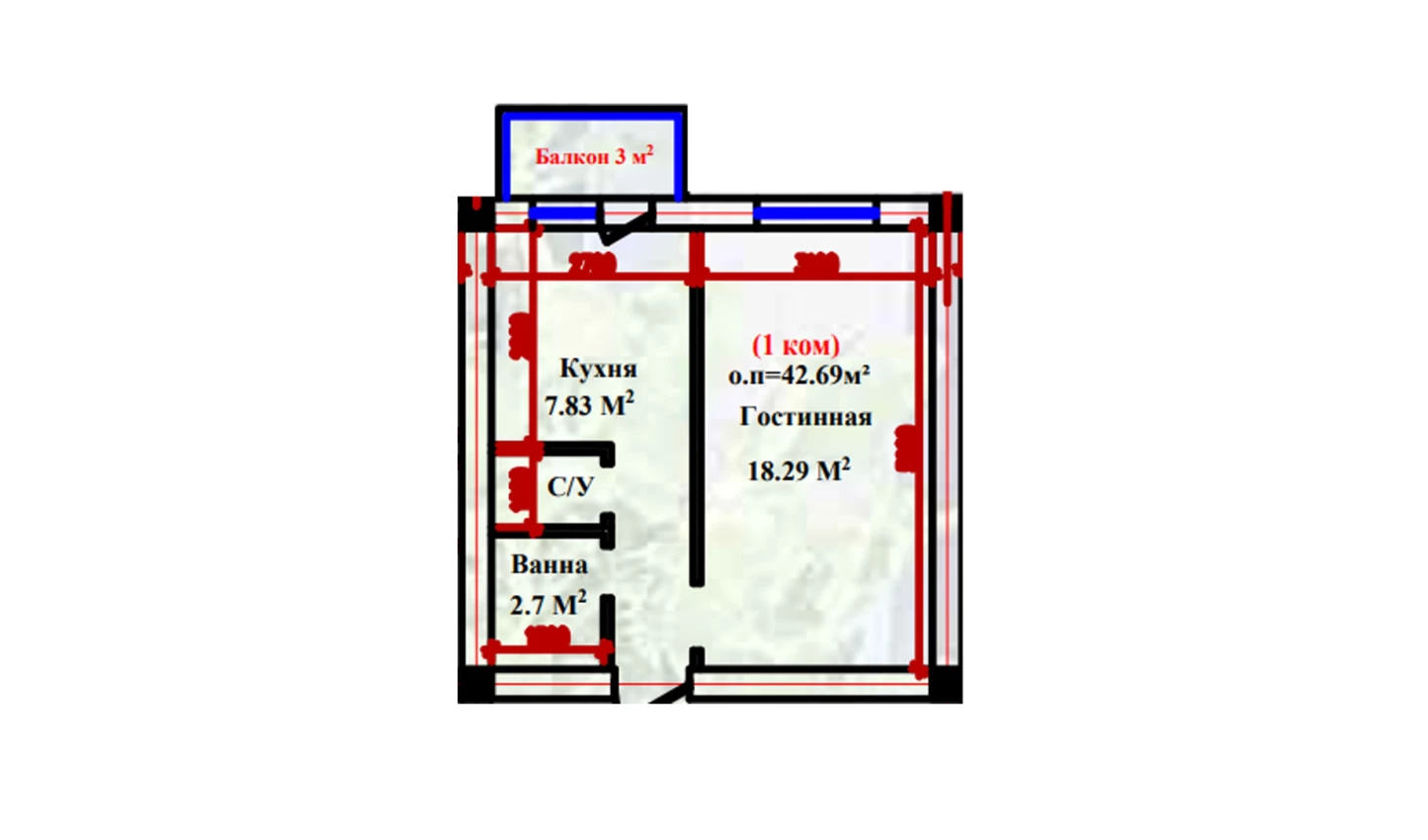 1-xonali xonadon 42.69 m²  2-9/2-9 qavat