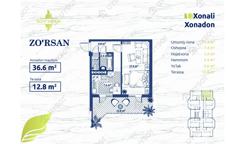 1-xonali xonadon 36.6 m²  15/15 qavat