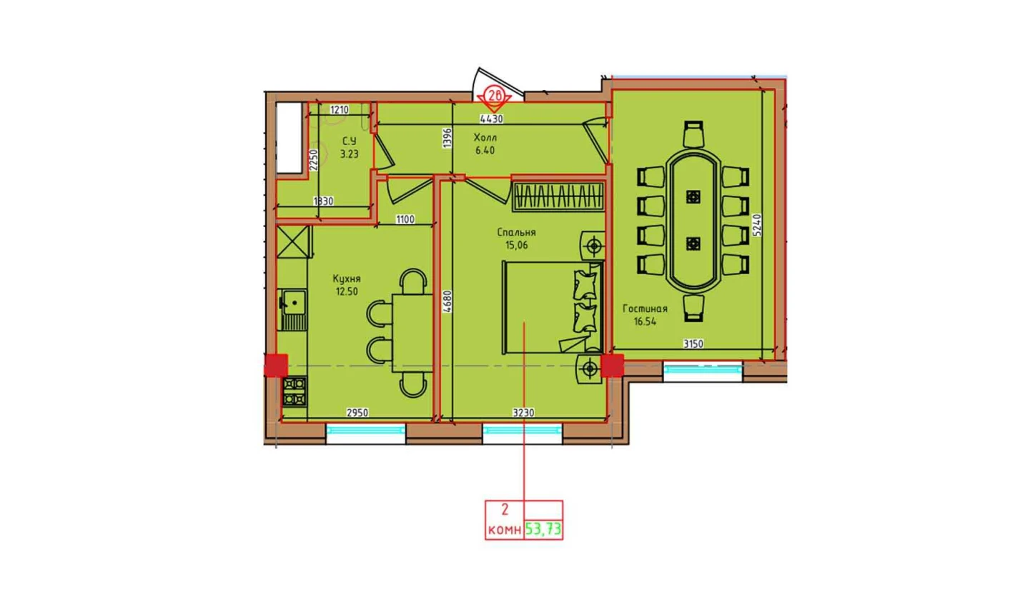 2-xonali xonadon 53.73 m²  1/1 qavat