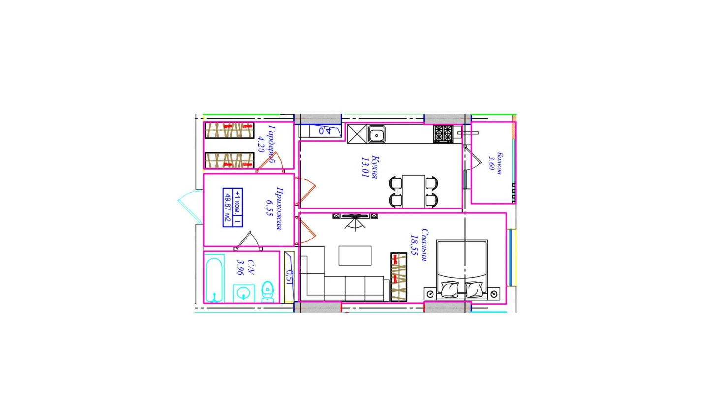 1-xonali xonadon 49.87 m²  6/6 qavat