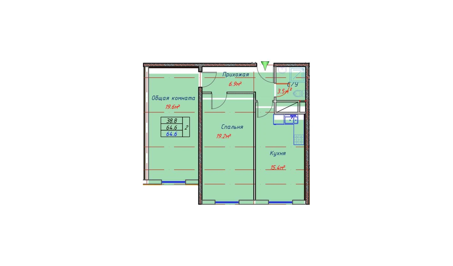 2-комнатная квартира 64.6 м²  1/1 этаж