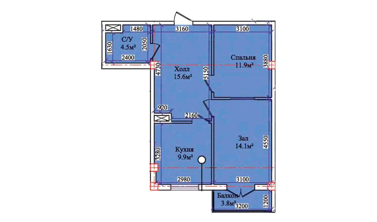 2-комнатная квартира 57.9 м²  1/1 этаж