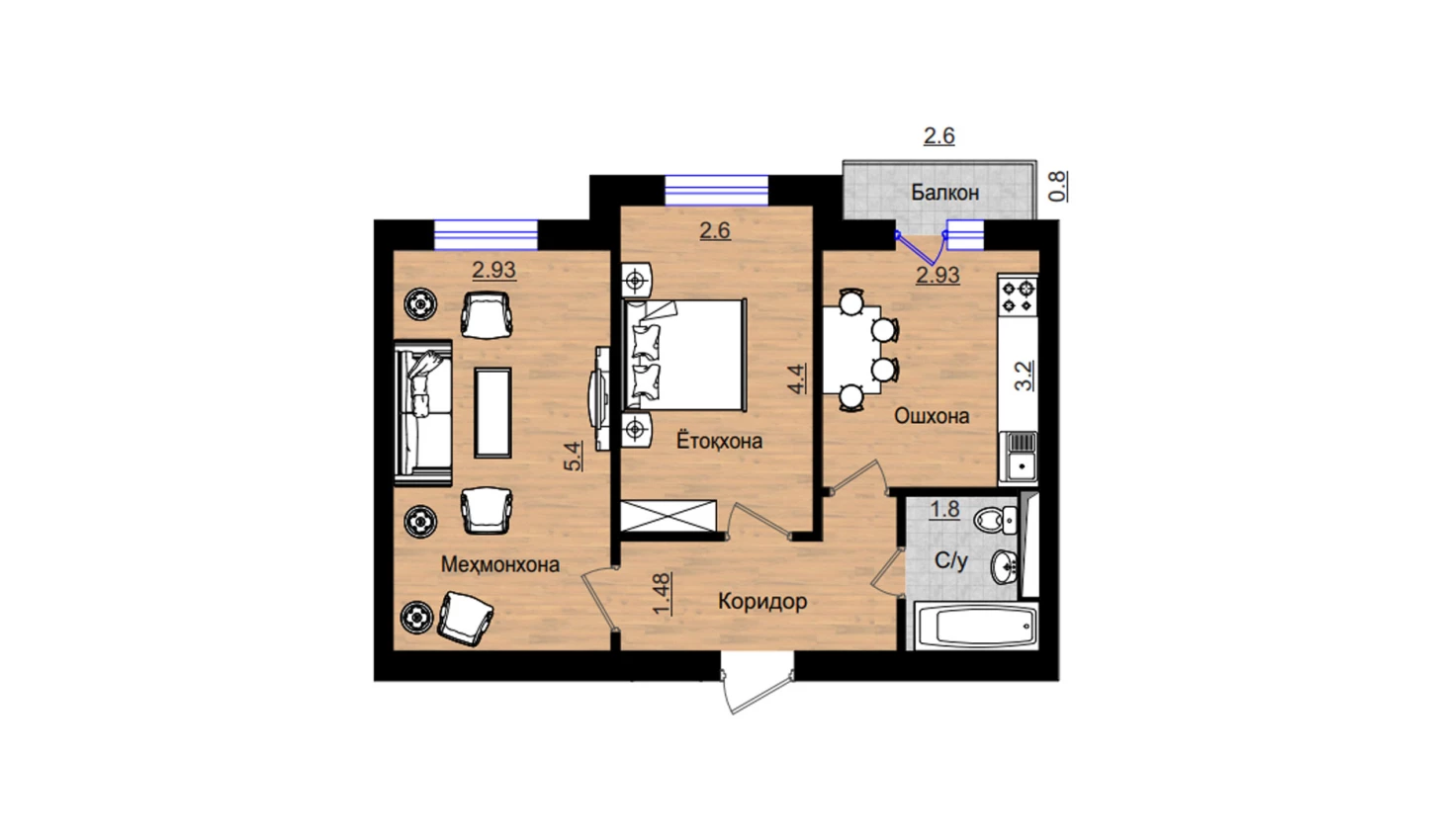 2-xonali xonadon 55.78 m²  2/2 qavat