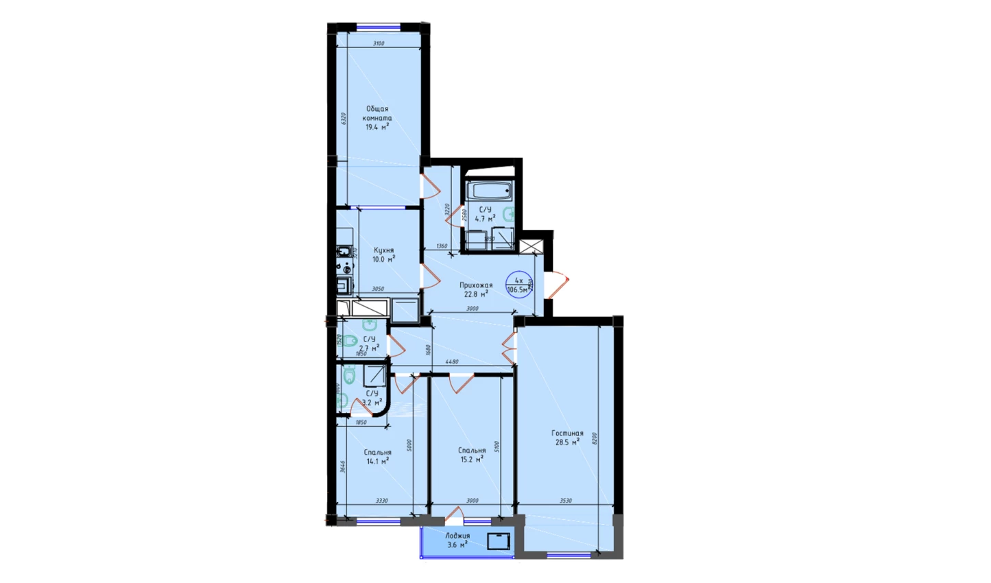 4-комнатная квартира 124.2 м²  1/1 этаж